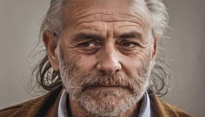 solo,looking at viewer,simple background,1boy,brown eyes,closed mouth,white hair,grey hair,male focus,grey background,facial hair,portrait,beard,brown jacket,realistic,mustache,manly,old,old man,wrinkled skin,scar,messy hair,close-up,brown background,stubble