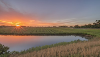 outdoors,sky,cloud,water,tree,no humans,sunlight,cloudy sky,grass,nature,scenery,forest,reflection,sunset,mountain,sun,horizon,river,evening,landscape,lake,gradient sky,orange sky,blue sky,plant,red sky,reflective water