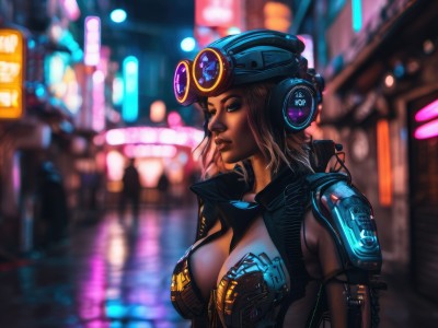 1girl,solo,breasts,short hair,blue eyes,large breasts,brown hair,cleavage,medium breasts,upper body,parted lips,blurry,lips,blurry background,headphones,goggles,science fiction,city,nose,center opening,cyborg,cyberpunk,neon lights,outdoors,dark skin,dark-skinned female,makeup,night,goggles on head