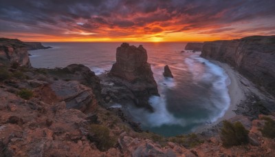 outdoors,sky,cloud,water,tree,no humans,ocean,cloudy sky,nature,scenery,forest,sunset,rock,mountain,sun,horizon,river,landscape,shore,orange sky,cliff,beach,sand