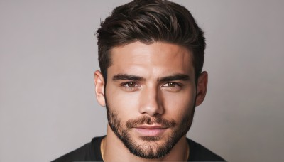 solo,looking at viewer,smile,short hair,simple background,brown hair,shirt,black hair,1boy,brown eyes,closed mouth,male focus,grey background,black shirt,facial hair,portrait,beard,mature male,realistic,mustache,jewelry,necklace,lips,gradient,gradient background,thick eyebrows,undercut