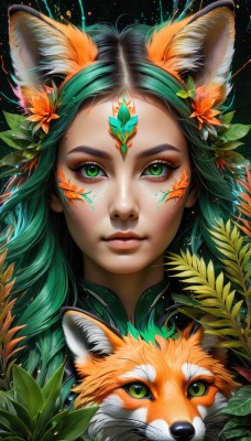 1girl,solo,long hair,looking at viewer,hair ornament,animal ears,closed mouth,green eyes,flower,green hair,artist name,hair flower,lips,animal ear fluff,fox ears,eyelashes,makeup,animal,leaf,watermark,facial mark,plant,lipstick,portrait,eyeshadow,realistic,nose,red lips,tiger,cat,web address,fox,whiskers