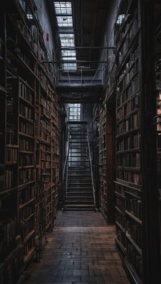 indoors,book,no humans,window,sunlight,scenery,stairs,railing,bookshelf,library,ladder,voile,tiles,tile floor