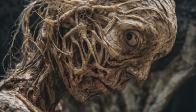 solo,teeth,blurry,from side,no humans,blurry background,1other,monster,skeleton,blue eyes,1boy,male focus,depth of field,helmet,portrait