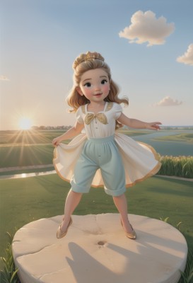 1girl,solo,long hair,looking at viewer,blush,smile,open mouth,brown hair,dress,bow,brown eyes,standing,full body,ponytail,short sleeves,outdoors,sky,shoes,shorts,day,cloud,white dress,black eyes,blue sky,shadow,sunlight,grass,child,forehead,sunset,skirt hold,sun,female child,skirt,shirt,white shirt,teeth,lips,white footwear,scenery,yellow bow,backlighting,orange bow