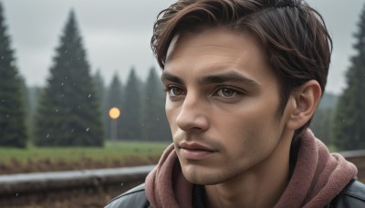 solo,looking at viewer,short hair,brown hair,1boy,brown eyes,closed mouth,jacket,male focus,outdoors,sky,day,scarf,blurry,tree,depth of field,blurry background,facial hair,portrait,beard,realistic,mustache,stubble,black hair,lips,snow,red scarf,snowing,winter