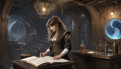 1girl,solo,long hair,breasts,bangs,brown hair,long sleeves,holding,cleavage,brown eyes,jewelry,medium breasts,braid,earrings,indoors,necklace,cup,lips,coat,book,window,wavy hair,chair,moon,table,bottle,scenery,desk,black coat,paper,stairs,open book,fantasy,bookshelf,pen,lamp,planet,book stack,wine bottle,library,writing,quill,globe,inkwell,blonde hair,dress,sitting,closed eyes,belt,night,corset,curly hair,hourglass