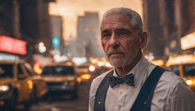 solo,looking at viewer,short hair,shirt,1boy,bow,closed mouth,white shirt,upper body,white hair,grey hair,male focus,outdoors,collared shirt,bowtie,blurry,vest,dress shirt,black bow,depth of field,blurry background,facial hair,ground vehicle,motor vehicle,beard,black bowtie,city,realistic,car,manly,old,old man,black eyes,black vest,mustache,bokeh