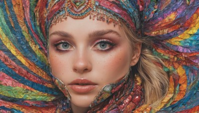 1girl,solo,looking at viewer,blue eyes,blonde hair,jewelry,closed mouth,fang,lips,grey eyes,eyelashes,makeup,feathers,gem,portrait,eyeshadow,freckles,realistic,nose,headdress,red lips,brown hair,parted lips,traditional media,close-up,colorful