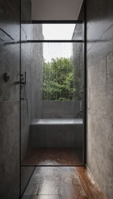 outdoors,day,indoors,tree,no humans,window,plant,scenery,rain,water drop,door,tiles,wall,tile floor,building,bush,power lines,utility pole,shower (place)