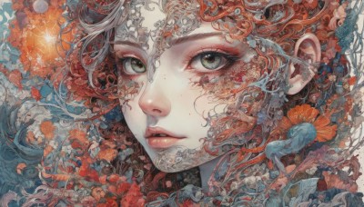 1girl,solo,long hair,looking at viewer,blue eyes,green eyes,flower,red hair,parted lips,lips,grey eyes,eyelashes,makeup,portrait,close-up,freckles,fish,red lips,bird,dragon,surreal