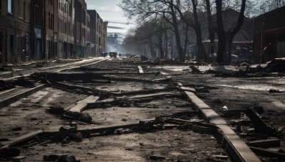 outdoors,sky,day,cloud,tree,no humans,ground vehicle,building,scenery,motor vehicle,city,car,road,ruins,lamppost,bare tree,street,real world location,window,cloudy sky,power lines,crosswalk,vanishing point