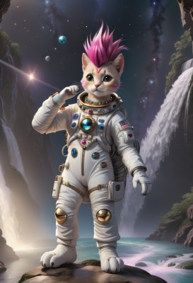 solo,looking at viewer,gloves,1boy,animal ears,standing,full body,pink hair,male focus,outdoors,sky,white gloves,water,star (symbol),night,facial mark,moon,star (sky),furry,starry sky,rock,space,furry male,planet,waterfall,whiskers,earth (planet),spacesuit,astronaut,blush,blue eyes,jewelry,artist name,watermark,cat,night sky,web address