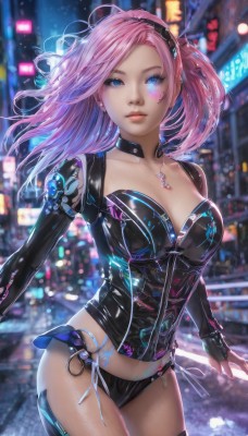 1girl,solo,long hair,breasts,looking at viewer,bangs,blue eyes,thighhighs,gloves,cleavage,jewelry,medium breasts,underwear,standing,collarbone,panties,pink hair,cowboy shot,hairband,outdoors,choker,black gloves,elbow gloves,shiny,black thighhighs,fingerless gloves,necklace,blurry,lips,black panties,tattoo,makeup,depth of field,blurry background,glowing,pendant,science fiction,city,realistic,bikini bottom only,cyborg,cyberpunk,closed mouth,earrings,shiny skin,night,floating hair,facial mark,piercing,wind,building,ear piercing,corset,shiny clothes,nose,facial tattoo,city lights,neon lights,eyebrow piercing