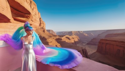 1girl,solo,long hair,breasts,dress,cleavage,bare shoulders,jewelry,medium breasts,blue hair,standing,collarbone,closed eyes,purple hair,multicolored hair,earrings,outdoors,sky,day,hair bun,white dress,blue sky,see-through,makeup,arms behind back,single hair bun,lipstick,wind,shawl,mountain,desert,very long hair,ponytail,dark skin,two-tone hair,dark-skinned female,gradient hair,scenery,realistic