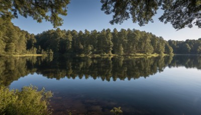 outdoors,sky,day,cloud,water,tree,blue sky,no humans,sunlight,grass,plant,nature,scenery,forest,reflection,river,landscape,lake,reflective water,signature,fantasy