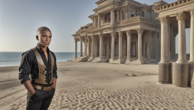 solo,looking at viewer,short hair,shirt,1boy,brown eyes,jacket,male focus,outdoors,sky,day,belt,pants,dark skin,vest,lips,facial hair,ocean,beach,black pants,dark-skinned male,scenery,realistic,hands in pockets,sand,bald,very short hair,pillar,photo background,buzz cut,smile,blonde hair,jewelry,closed mouth,standing,cowboy shot,collared shirt,water,blue sky,black shirt,building,sleeves rolled up,horizon,desert