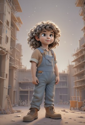 1girl,solo,brown hair,shirt,brown eyes,standing,full body,short sleeves,boots,outdoors,sky,shoes,dark skin,lips,night,brown footwear,building,child,star (sky),curly hair,female child,overalls,blue overalls,smile,short hair,dark-skinned female,watermark,wavy hair,thick eyebrows