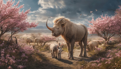 flower, outdoors, horns, sky, day, cloud, tree, no humans, bird, animal, cloudy sky, grass, cherry blossoms, scenery, realistic