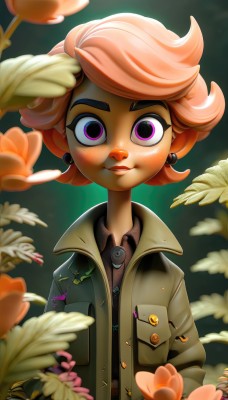 1girl,solo,looking at viewer,smile,short hair,shirt,jewelry,closed mouth,purple eyes,jacket,upper body,pink hair,flower,earrings,collared shirt,artist name,pink eyes,orange hair,blurry,lips,coat,eyelashes,makeup,leaf,watermark,thick eyebrows,plant,zipper,freckles,hands in pockets,badge,button badge,open clothes,signature,flat chest,open jacket,buttons,nose,salute