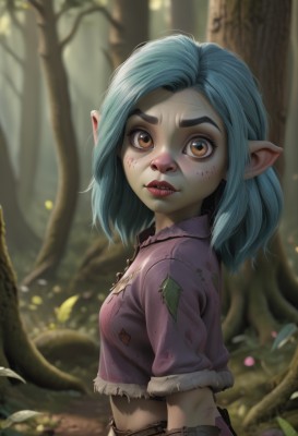 1girl,solo,breasts,looking at viewer,brown eyes,jewelry,blue hair,upper body,short sleeves,small breasts,outdoors,parted lips,teeth,pointy ears,midriff,medium hair,necklace,blurry,from side,tree,lips,torn clothes,fur trim,depth of field,blurry background,thick eyebrows,nature,forest,freckles,dirty,short hair,day,artist name,leaf,watermark,sunlight,dirty face