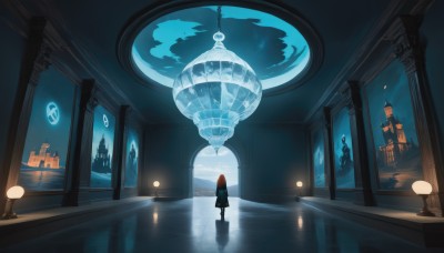 1girl,solo,long hair,skirt,brown hair,long sleeves,standing,sky,cloud,indoors,water,from behind,orange hair,window,night,building,star (sky),night sky,scenery,reflection,fantasy,facing away,light,lamp,wide shot,lamppost,pillar,tower,reflective floor,chandelier,very wide shot,robe,lantern