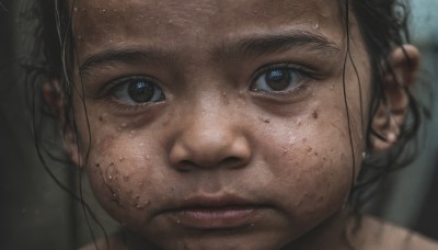 1girl,solo,looking at viewer,black hair,brown eyes,closed mouth,parted lips,blurry,black eyes,lips,wet,blurry background,portrait,close-up,freckles,realistic,wet hair,blue eyes,brown hair,1boy,sweat,eyelashes,facial hair,messy hair,water drop,nose,dirty,dirty face