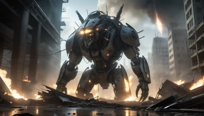 HQ,solo,outdoors,sky,cloud,military,no humans,glowing,fire,robot,building,mecha,glowing eyes,spikes,smoke,science fiction,city,realistic,military vehicle,explosion,ruins,damaged,skyscraper,debris,destruction,kaijuu,water,orange eyes,claws,battle,dirty,super robot