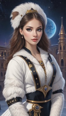 1girl,solo,long hair,breasts,looking at viewer,smile,blue eyes,brown hair,hair ornament,long sleeves,hat,dress,brown eyes,jewelry,closed mouth,upper body,earrings,sky,artist name,white dress,lips,grey eyes,fur trim,makeup,night,moon,tiara,feathers,crown,lipstick,gem,star (sky),night sky,starry sky,red lips,planet,castle,earth (planet),bangs,medium breasts,coat,parted bangs,white headwear,wavy hair,realistic,nose,white coat