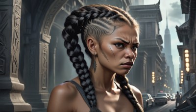 1girl,solo,long hair,black hair,bare shoulders,jewelry,collarbone,upper body,braid,multicolored hair,earrings,outdoors,parted lips,solo focus,twin braids,two-tone hair,lips,grey eyes,scar,ground vehicle,building,portrait,motor vehicle,city,realistic,nose,car,looking at viewer,brown eyes,sky,dark skin,dark-skinned female,tank top,scar on face,facepaint,mohawk,dreadlocks