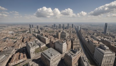 outdoors,sky,day,cloud,water,tree,blue sky,dutch angle,no humans,ocean,from above,cloudy sky,building,scenery,city,horizon,cityscape,skyscraper,landscape,rooftop,road,watercraft,ship