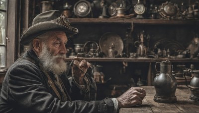 solo,long sleeves,1boy,hat,holding,sitting,jacket,upper body,white hair,male focus,necktie,indoors,blurry,from side,coat,black jacket,window,black headwear,profile,blurry background,facial hair,beard,mustache,old,old man,steampunk,shirt,gloves,closed mouth,collared shirt,depth of field,looking away,table,bottle,top hat,realistic,nose,clock,manly,smoking pipe,wrinkled skin,elbows on table