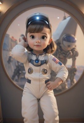 1girl,looking at viewer,bangs,brown hair,brown eyes,closed mouth,standing,solo focus,medium hair,blurry,black eyes,arm up,lips,hand on hip,depth of field,blurry background,helmet,child,reflection,science fiction,mirror,realistic,female child,american flag,spacesuit,japanese flag,astronaut,solo,short hair,uniform,bodysuit,pilot suit