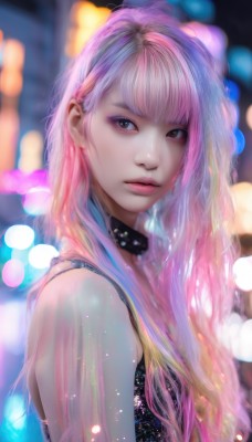 1girl,solo,long hair,looking at viewer,bangs,brown eyes,closed mouth,upper body,pink hair,multicolored hair,choker,blurry,collar,from side,two-tone hair,lips,see-through,makeup,depth of field,blurry background,eyeshadow,realistic,nose,bokeh,blonde hair,bare shoulders,sleeveless,blunt bangs,bra,streaked hair,looking to the side,eyelashes,gradient hair,night,watermark,expressionless,pink lips,mascara,city lights