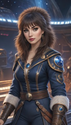 1girl,solo,long hair,breasts,looking at viewer,bangs,brown hair,gloves,long sleeves,brown eyes,jewelry,medium breasts,closed mouth,standing,collarbone,weapon,cowboy shot,earrings,solo focus,belt,pants,sword,artist name,signature,hood,necklace,armor,blurry,lips,fur trim,makeup,night,blurry background,watermark,lipstick,gauntlets,gem,brown gloves,hoop earrings,nose,vambraces,red lips,eyeliner,bracer,leather,blue coat,parka,black hair,hairband,outdoors,coat,thick eyebrows,realistic