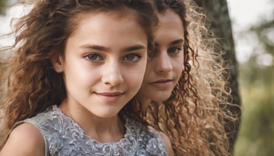 1girl,solo,long hair,looking at viewer,smile,blonde hair,brown hair,dress,brown eyes,closed mouth,upper body,sleeveless,blurry,tree,lips,grey eyes,depth of field,blurry background,wavy hair,portrait,forehead,curly hair,realistic,nose,multiple girls,2girls,bare shoulders,messy hair