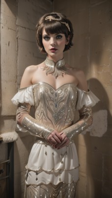 1girl,solo,breasts,looking at viewer,short hair,bangs,skirt,brown hair,black hair,dress,cleavage,bare shoulders,brown eyes,jewelry,medium breasts,standing,cowboy shot,parted lips,detached sleeves,necklace,off shoulder,white dress,armor,black eyes,lips,makeup,detached collar,own hands together,tiara,lipstick,realistic,wall,nail polish,red lips