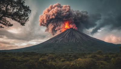 outdoors, sky, cloud, tree, no humans, cloudy sky, fire, nature, scenery, forest, mountain, landscape