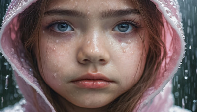 1girl, solo, looking at viewer, blue eyes, brown hair, parted lips, hood, lips, eyelashes, portrait, close-up, rain, water drop, realistic, nose