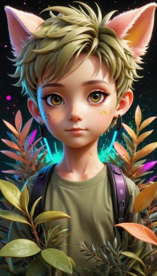 solo,looking at viewer,short hair,bangs,blonde hair,shirt,1boy,animal ears,jewelry,closed mouth,yellow eyes,upper body,male focus,earrings,artist name,cat ears,bag,eyelashes,leaf,backpack,plant,child,star (sky),extra ears,freckles,green shirt,male child,brown eyes,lips,glowing,thick eyebrows,black background,dirty