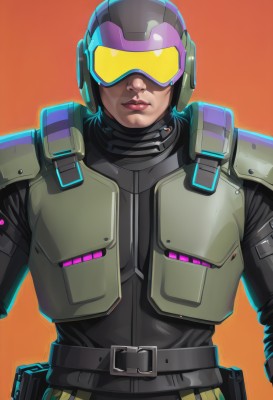 1girl,solo,looking at viewer,simple background,black hair,upper body,belt,armor,vest,lips,helmet,goggles,black belt,pouch,orange background,straight-on,official alternate costume,bodysuit,facing viewer,red background,science fiction,tinted eyewear