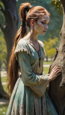 1girl,solo,long hair,breasts,looking at viewer,brown hair,hair ornament,long sleeves,dress,brown eyes,jewelry,very long hair,standing,collarbone,ponytail,earrings,small breasts,outdoors,day,wide sleeves,necklace,orange hair,blurry,tree,lips,depth of field,blurry background,blue dress,sunlight,nature,freckles,realistic,nose,dappled sunlight,hair pulled back,blonde hair,closed mouth,artist name,profile,piercing,high ponytail,ear piercing,hair tie