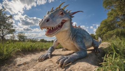 solo,open mouth,tail,outdoors,horns,sky,teeth,day,cloud,tree,blue sky,no humans,cloudy sky,grass,sharp teeth,nature,claws,forest,realistic,dragon,dinosaur,monster