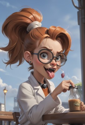 1girl,solo,long hair,looking at viewer,smile,open mouth,blue eyes,brown hair,shirt,long sleeves,holding,jewelry,upper body,ponytail,earrings,outdoors,food,sky,glasses,teeth,day,tongue,artist name,cloud,tongue out,orange hair,blurry,collar,cup,blue sky,lips,grey eyes,blurry background,fangs,watermark,table,scrunchie,bottle,high ponytail,candy,forehead,drinking glass,freckles,black-framed eyewear,bespectacled,drinking straw,lollipop,round eyewear,drink,labcoat,railing,lamppost,blush,holding food,nose,holding candy