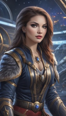 1girl,solo,long hair,breasts,looking at viewer,brown hair,long sleeves,cleavage,brown eyes,jewelry,medium breasts,upper body,earrings,belt,necklace,armor,blurry,lips,fur trim,makeup,night,blurry background,lipstick,gem,pendant,nose,red lips,parted lips,artist name,forehead,realistic,thick lips