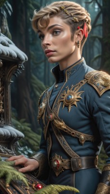 1girl,solo,short hair,blue eyes,blonde hair,brown hair,hair ornament,long sleeves,jewelry,upper body,braid,earrings,outdoors,parted lips,day,belt,blurry,tree,lips,depth of field,blurry background,gem,nature,androgynous,forest,freckles,gold trim,realistic,nose,fantasy,blue coat,artist name,uniform,book