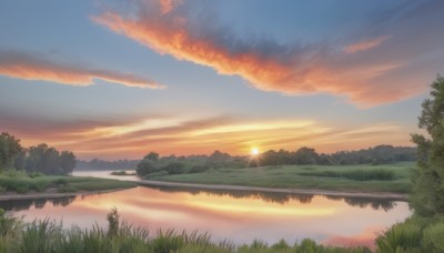 outdoors,sky,cloud,water,tree,no humans,sunlight,cloudy sky,grass,nature,scenery,forest,reflection,sunset,mountain,sun,river,evening,landscape,lake,orange sky,blue sky,plant,reflective water