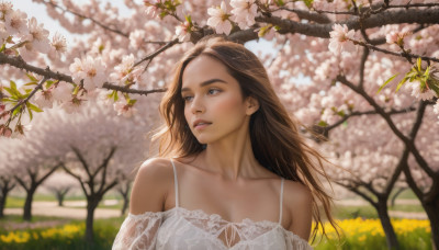 1girl, solo, long hair, brown hair, dress, bare shoulders, collarbone, upper body, flower, outdoors, parted lips, day, blurry, tree, lips, looking to the side, blurry background, looking away, cherry blossoms, realistic