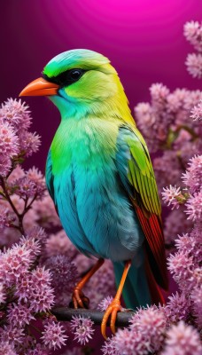 solo,standing,flower,outdoors,blurry,black eyes,from side,tree,no humans,depth of field,bird,animal,cherry blossoms,pink flower,purple background,realistic,branch,animal focus,talons,beak,looking at viewer,closed mouth,full body,gradient,gradient background,watermark,pink background