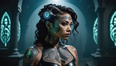 1girl,solo,long hair,breasts,blue eyes,black hair,cleavage,bare shoulders,jewelry,medium breasts,upper body,earrings,choker,dark skin,dark-skinned female,lips,tattoo,makeup,lipstick,science fiction,curly hair,nose,facial mark,forehead mark,realistic,facial tattoo,very dark skin,dreadlocks